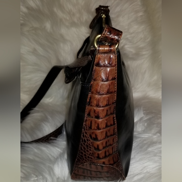 Vintage BRAHMIN Black Brown Crocodile Print Leather Womens ShouldePurse Handbag - Picture 3 of 11